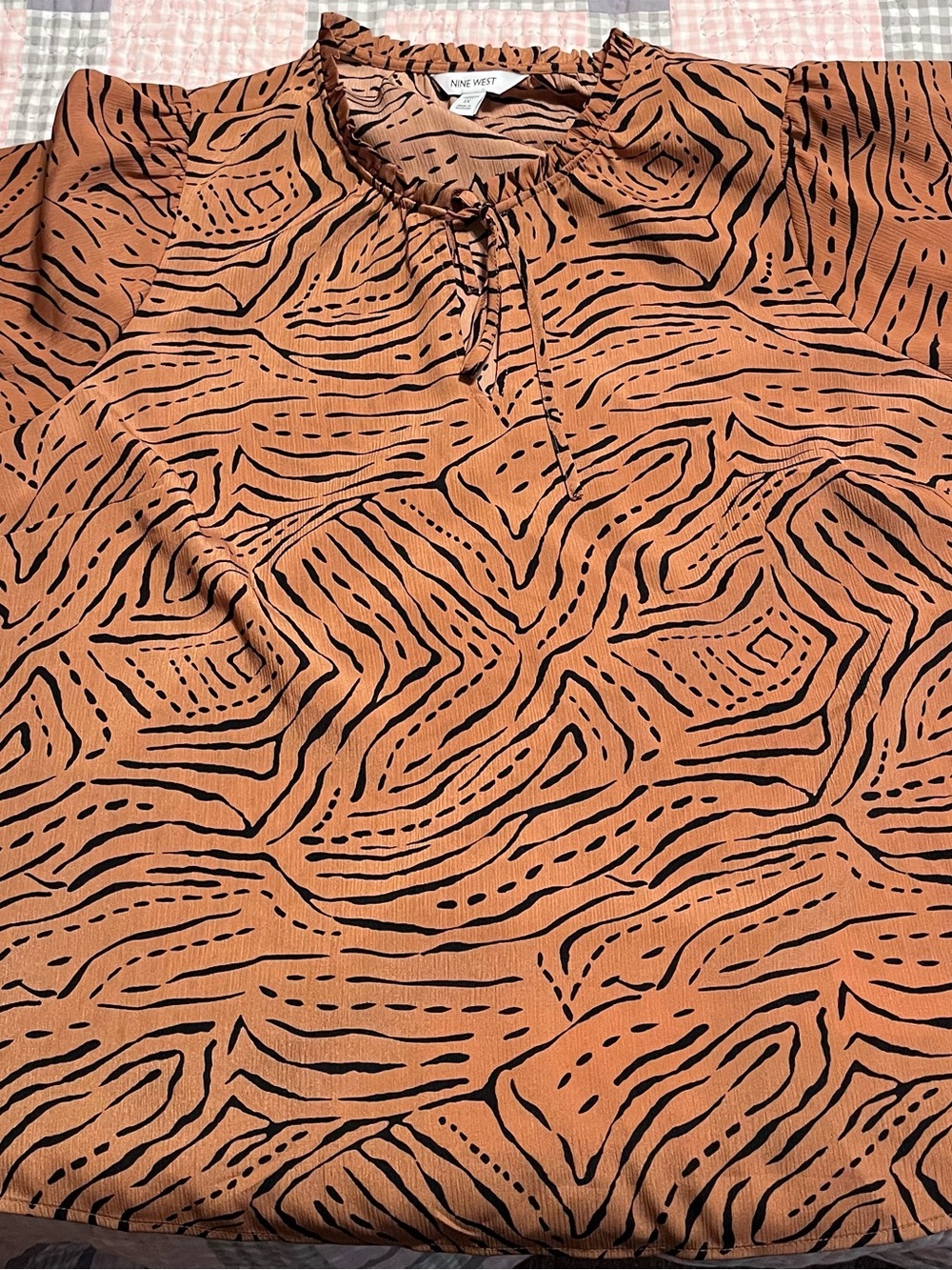 Nine West Rust and Black Abstract Print Sheer Blouse